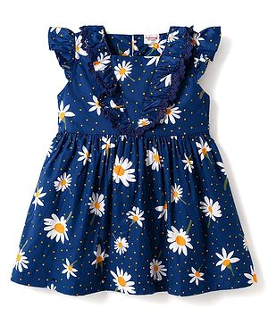 Babyhug Cotton Half Sleeves Floral One Piece Frock with Polka Dot Print - Navy