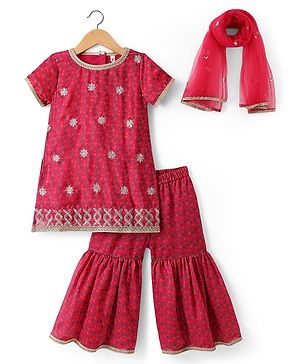 Babyhug Woven Half Sleeves Kurti Gharara Set with Floral Embroidery & Dupatta - Fuchsia