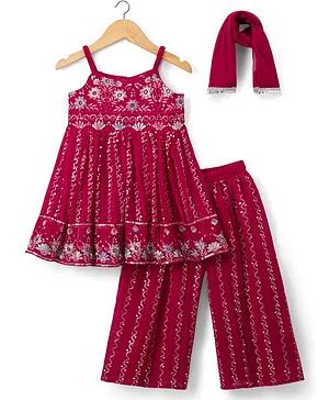 Babyhug Georgette Woven Sleeveless
                              Floral Embroidered Kurti & Sharara Set
                              With Dupatta - Fuchsia