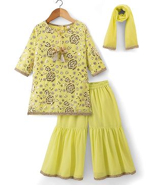 Babyhug Georgette Woven Three Fourth Sleeves Kurti Gharara Set with Sequin Detailing & Dupatta - Lime Green