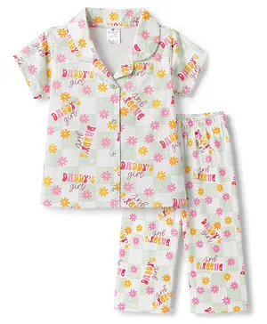 Smarty Girls 100% Cotton Knit Half
                              Sleeves Floral Checked & Text Printed
                              Co-Ords Shirt & Pyjama Night Suit -
                              Light Green