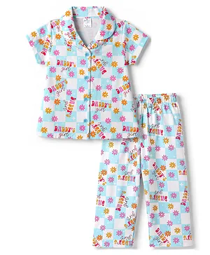Smarty Girls 100% Cotton Knit Half
                              Sleeves Floral Checked & Text Printed
                              Co-Ords Shirt & Pyjama Night Suit -
                              Light Blue
