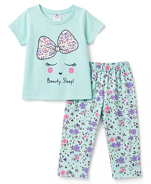 Smarty Girls Sinker Knit Half Sleeves
                              T-Shirt & Pyjama Night Suit Floral Bow
                              Printed - Light Blue