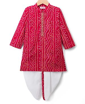 Babyhug 100% Cotton Cambric Woven Full Sleeves Bandhani Dhoti Kurta Set With Lace Detailing - Red