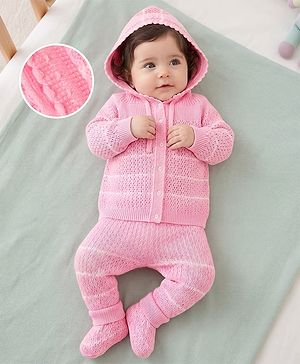 Babyhug Knit Full Raglan Sleeves Hooded Sweater Set with Booties - Pink