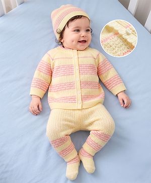 Babyhug Knit Raglan Full Sleeves Striped Four Piece Sweater Set With Cap & Booties - OffWhite