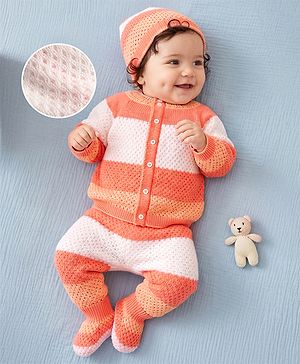 Babyhug Knit Full Raglan Sleeves Striped Sweater Set with Cap & Booties - Coral