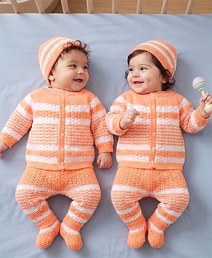 Babyhug Knit Full Raglan Sleeves Front Open Striped Sweater Set With Cap & Booties - Orange
