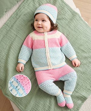 Babyhug Knit Full Sleeves Colour Block Designed Sweater Set with Cap & Booties - Pink