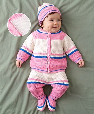 Babyhug Knit Full Sleeves Sweater set with  Striped Design - Pink