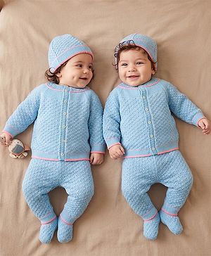 Babyhug Knit Full Raglan Sleeves Front Open Striped Sweater Set With Cap & Booties - Light Blue