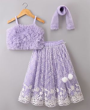 Babyhug Net Woven Sleeveless Choli Lehenga Set with Floral Embroidery & Dupatta - Lavender