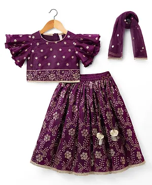 Babyhug Chanderi Woven Half Sleeves
                              Floral Embroidered Choli & Lehenga Set
                              With Dupatta - Wine