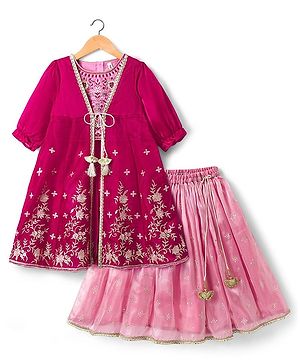 Babyhug Net Woven Choli Legenga Set with Floral Embroidery & Three Fourth Sleeves Jacket - Pink
