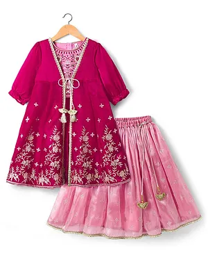Babyhug Net Woven Choli Legenga Set
                              with Floral Embroidery & Three Fourth
                              Sleeves Jacket - Pink