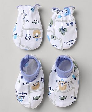Babyhug 100% Cotton Interlock Knit Mittens & Booties with Animal Vehicle Print - White