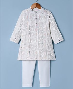 Babyhug Georgette Woven Full Sleeves Embroidered Kurta Pyjama Set With Sequin Detailing - White