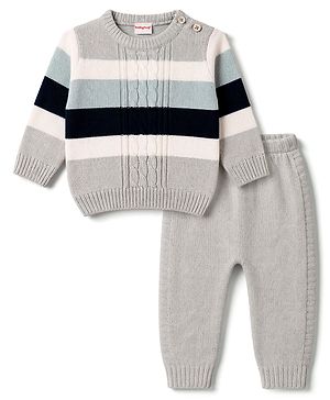Babyhug Knitted Full Sleeves Striped Sweater Set - Grey