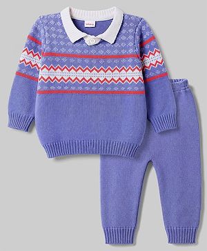 Babyhug Knitted Full Sleeves Collared Sweater Set - Lavender