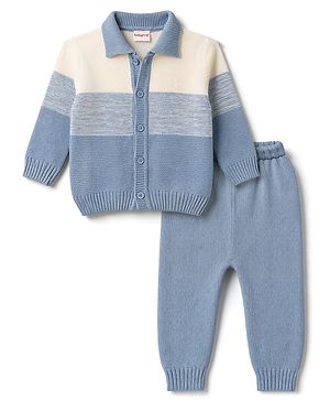 Babyhug Knitted Full Sleeves Striped Sweater Set - Light Blue