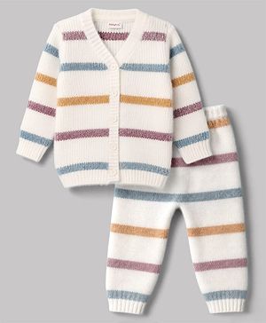 Babyhug Knitted Full Sleeves Striped Co-Ord Sweater Set - White