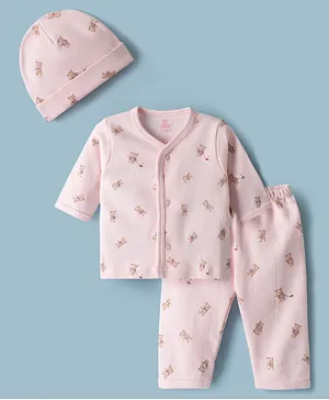 I Bears Knitted Full Sleeves Co-Ord
                              T-Shirt & Pyjama Night Suit With Cap
                              & Teddy Bear Print - Pink