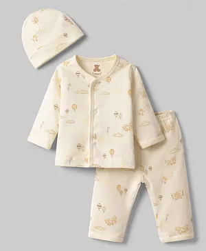 I Bears Knitted Full Sleeves Aeroplane
                      Printed Co-Ords T-Shirt & Pyjama Night Suit
                      With Cap - Cream