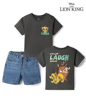 Bonfino Disney Single Jersey Knit Half Sleeves Front & Back The Lion King Printed T-Shirt & Denim Shorts Set - Black