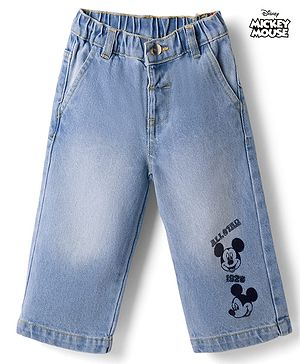 Bonfino Disney Denim Full Length Washed Jeans With Mickey Mouse Graphic - Light Blue