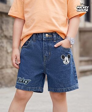 Bonfino Disney Denim Knee Length Shorts With Micky Mouse Graphic & Patch - Multicolor