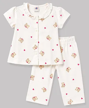 Zero Knitted Half Sleeves Top &
                              Pyjama Co-Ord Night Suit With Teddy Print
                              - White