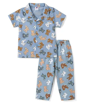Zero Knitted Half Sleeves Shirt &
                              Pyjama Co-Ord Night Suit With Teddy Print
                              - Blue