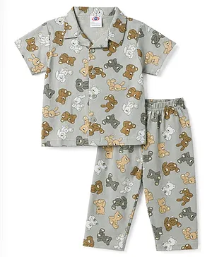 Zero Knitted Half Sleeves Shirt &
                              Pyjama Co-Ord Night Suit With Teddy Print
                              - Grey