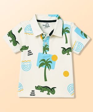 Doodle Poodle Cotton Knit Half Sleeves Polo T-Shirt With Dino Print - OffWhite
