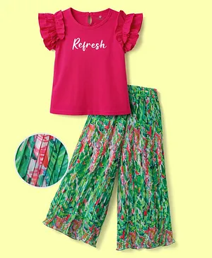 OLLINGTON ST. Cotton Knit Half
                              Sleeves Top & Pleated Georgette
                              Culottes Set - Pink & Multicolour
