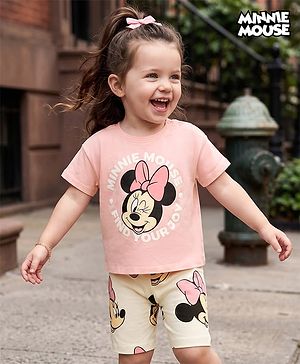 Bonfino Disney Single Jersey Knit Half Sleeves T-Shirt & Shorts Set With Minnie Mouse Graphics - Multicolor