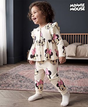 Bonfino Disney Single Jersey Knit Full Sleeves Front Open Co-Ords Top & Pajama Night Suit with Minnie Mouse Print  - Off White