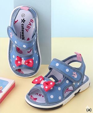 Cute Walk by Babyhug Velcro Closure Polka Dots Printed Sandal With Bow Applique  - Blue