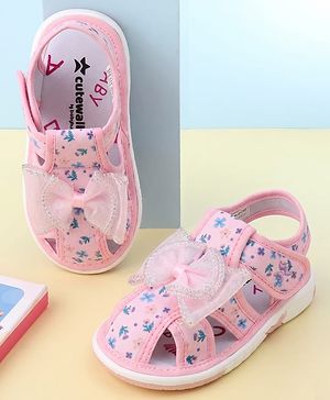 Cute Walk by Babyhug Velcro Closure Floral Printed Sandal With Bow Applique - Pink
