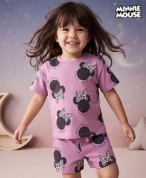Bonfino Disney Single Jersey Knit Half Sleeves T-Shirt & Shorts Co-Ord Night Suit With MInnie Mouse Graphics - Multicolor