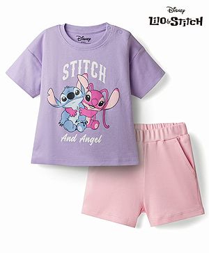 Bonfino DIsney Drop Shoulder Sleeves T-Shirt & Shorts With Lilo & Stitch Graphics - Multicolor