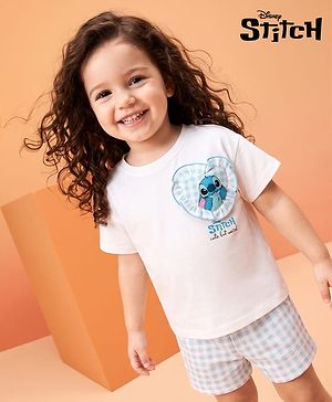 Bonfino Disney Single Jersey Half Sleeve T-shirt & Checks Shorts With Lilo & Stitch Applique - White