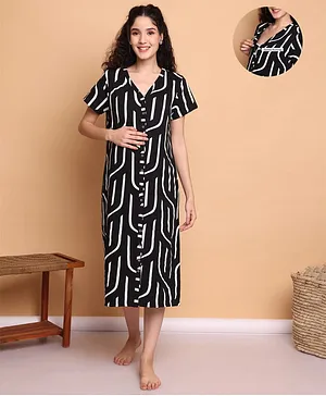 Secret Wish Cotton Blend Knit Half Sleeves Abstract Printed Maternity Nighty With Front Open Nursing Access - Black