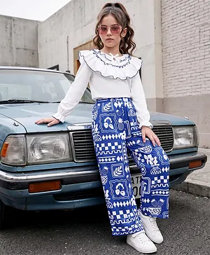 OLLINGTON ST. Cotton Knit Full
                              Sleeves Frill Top & Printed Culottes
                              Set - White & Multicolour