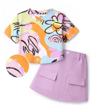 OLLINGTON ST. Cotton Lycra Knit Half Sleeves
                      Printed Top & Skirt Set - Lavender &
                      Multicolour
