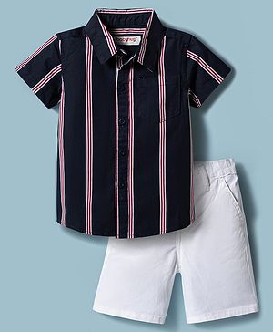 Babyhug 100% Cotton Woven Half Sleeves Striped Shirt & Shorts Set - Navy Blue & White