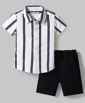 Babyhug Cotton Woven Half Sleeves Striped Shirt & Shorts Set - White