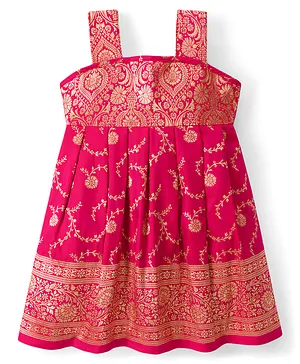 Bhartiya Paridhan Silk Woven Flared Sleeveless Ethnic Dress With Floral Foil Print - Pink