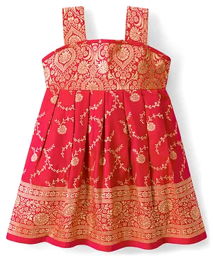 Bhartiya Paridhan Silk Woven Flared Sleeveless Ethnic Dress With Floral Foil Print - Red