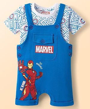 Babyhug Marvel Single Jersey Knit Half Sleeves Avengers Iron Man Printed Dungaree With Inner Tee - Blue